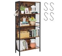 VASAGLE Book Shelf, 4-Tier Shelving Unit with 4 Hooks, 74 x 30 x 155.5 cm | Bookcase for Office, Study, Living Room, Bedroom, Rustic Brown and Matte Black, DACEY Collection LBC023B01