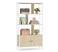 VASAGLE Bookcase, 4-Tier Shelving Unit with 2 Doors | Living Room Storage Unit, 74 x 30 x 154.5 cm, Adjustable Feet, Natural and Matte White, Barnet Collection, LBC022LL01