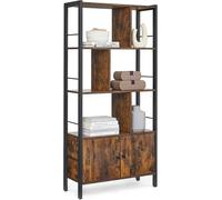 LEDREM Bookshelf, Storage Shelf With Doors, 4 Shelves, For Living Room, Office, Rustic Brown And Ink Black
