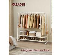 Vasagle Clothes Rail, Clothes Rack With 2 Shelves, 6 S-Shaped Hooks, Steel Frame, For Bedroom, Natural Beige And Matte White