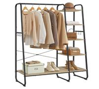 VASAGLE Clothes Rail, Clothes Rack with Shoe Shelf, 5-Tier Storage Rack, 6 Side Hooks, for Bedroom, Living Room, Turquoise Brown and Matte Black