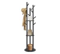 VASAGLE Freestanding Coat Rack Stand, Coat Tree with 11 Hooks, 3 Shelves, 4 Removable Wheels, for Hallway, Bedroom, Living Room, Ink Black RCR023B01