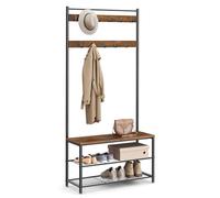 VASAGLE Coat Rack, Coat Stand with Shoe Storage Bench, Hall Tree with Shoe Rack, 3-in-1 Design, Steel Frame, for Hallway, Entrance, 32 x 85 x 175 cm, Industrial, Rustic Brown and Black HSR401B01