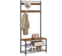 VASAGLE Coat Rack, Hallway Cabinet, Cloakroom, Clothes Rack, with Bench and Shoe Shelves, Hooks, Metal Frame, Height 175 cm, Industrial Style, Rustic Brown and Black HSR41BX