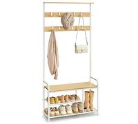 VASAGLE Coat Rack Stand, Hall Tree with Bench and Shoe Storage | 9 Removable Hooks, Shoe Rack, Shelf, 85 x 30 x 180.5 cm, Traditional basic, Yellow and White, DACEY Collection HSR409W09