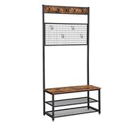 VASAGLE Coat Rack Stand, Industrial Shoe Rack and Bench with Grid Memo Board, 9 Hooks, and Storage Shelves, Hall Tree with Stable Metal Frame, Rustic Brown HSR46BX