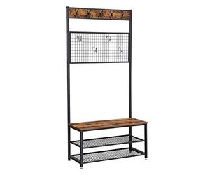 VASAGLE Coat Rack Stand, Industrial Shoe Rack and Bench with Grid Memo Board, 9 Hooks, and Storage Shelves, Hall Tree with Stable Metal Frame, Rustic Brown HSR46BX