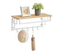 VASAGLE Coat Rack Wall-Mounted, Clothes Rail with 5 Removable Coat Hooks, Floating Shelf with Hanging Rail, for Hallway, Bedroom, Living Room, Golden Oak and Cloud White LCR012N01