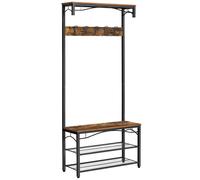 VASAGLE Coat Rack with Bench, 5 Hooks, Industrial Style, Brown and Black, 80x32x178.5 cm
