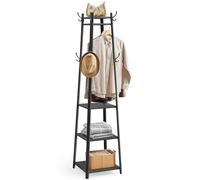 VASAGLE Coat Stand, Coat Rack with 8 Double Hooks, 4 Shelves, Clothes Rails, Metal Frame, for Jackets, Bags, in Hallway, Bedroom, Charcoal Grey and Ink Black LCR080B03