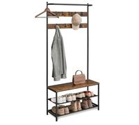 VASAGLE Coat Stand, Hallway Storage Unit with Shoe Bench, 9 Hooks | Hanging Rail, 2-Tier Shoe Rack, Steel Frame, 84 x 32.2 x 180 cm, Rustic Brown and Matte Black, BARNET Collection HSR421B01