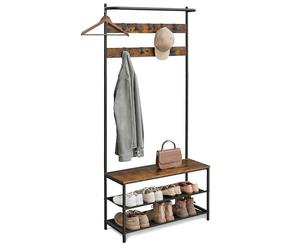 VASAGLE Coat Stand, Hallway Storage Unit with Shoe Bench, 9 Hooks | Hanging Rail, 2-Tier Shoe Rack, Steel Frame, 84 x 32.2 x 180 cm, Rustic Brown and Matte Black, BARNET Collection HSR421B01