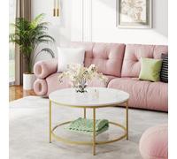 Vasagle Coffee Table, Living Room Table, Sofa Cocktail Table Faux Marble Round, Tempered Glass Storage Shelf, Easy To Assemble
