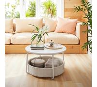 VASAGLE Coffee Table with Storage, Round Center Table for Living Room with Fabric Basket, Modern Style, Metal Frame, Matte White and Camel Brown