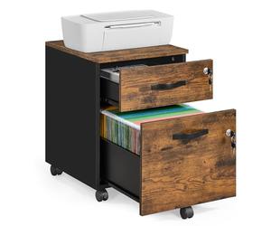 VASAGLE Collection - Rolling Filing Cabinet, Lockable File Cabinet with 2 Drawers, 5 Castors, Adjustable Hanging Rail, for A4, Letter Size Files, Rustic Brown and Ink Black CUSTOS LCD022K01