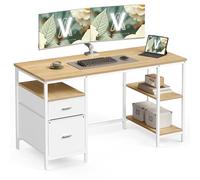 VASAGLE Computer Desk, Work Desk with Storage, 3 Shelves, 2 Drawers, 60 x 140 x 76 cm, for Home Office, Living Room, Modern Style, Natural Oak and Pearl White LWD104Y01