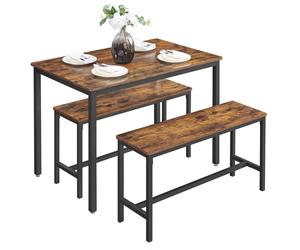 VASAGLE Dining Table with 2 Benches, 3 Piece Set, Kitchen Table of 70 x 110 x 75 cm, 2 Benches of 30 x 97 x 50 cm Each, Steel Frame, Industrial