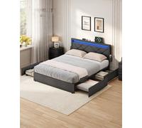 Vasagle Double Platform Bed With Storage Drawers, Led Headboard, Usb Charging Ports, For Bedroom, Dark Grey