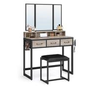 VASAGLE Dressing table with 3-piece folding mirror, hair dryer holder, cosmetic table with padded stool, 3 drawers, industrial design, greige and