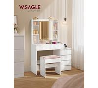 Vasagle Dressing Table With Led Lights And Power Outlets, Modern Makeup Desk, Vanity Table With Mirror, Drawers