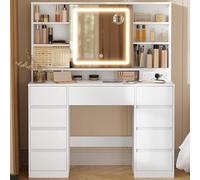 VASAGLE Dressing Table with LED Mirror, Power Outlets, 9 Drawers | Toolless Vanity Table, 10x Magnifying Mirror, 3 Light Colours, Slide Rail Assembly, Cloud White, KAILYN Collection RDT137W02