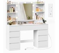 VASAGLE Dressing Table with LED Mirror, Power Outlets, 9 Drawers | Toolless Vanity Table, 3 Light Colours, Slide Rail Assembly, Cloud White, KAILYN Collection RDT141WB03