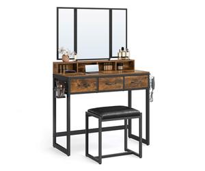 VASAGLE Dressing Table with Mirror and Stool, Vanity Table with Tri-Fold Mirror, 3 Drawers, Hair Dryer Holder, Makeup Desk, Industrial Style, Rustic