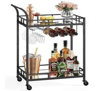 VASAGLE Drinks Trolley, Bar Cart, Serving Trolley with 2 Mirrored Shelves, Wine Holders, Glass Holders, for Home Bar, Kitchen, Dining Room, Black LRC092B62