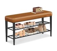 VASAGLE EKHO Collection - Shoe Bench, Storage Bench, Shoe Rack Bench Entryway, Synthetic Leather with Stitching, Mid-Century Modern, Loads 135 kg, 30 x 100 x 50 cm, Caramel Brown LSB113K02
