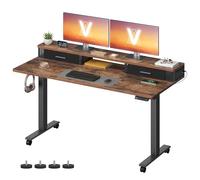 VASAGLE Electric Standing Desk with Built-In Power Strip, 140 x 60 x (72-120) cm, Adjustable Height, Monitor Stand, 2 Hooks and Drawers, Memory Function, Rustic Brown LSD184KD03