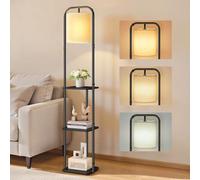 VASAGLE Floor Lamp with 3 Shelves, Standing Lamp with LED Bulb, Foot Switch, Fabric Lampshade, for Living Room and Bedroom, Ink Black LFL001BD03
