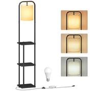 VASAGLE Floor Lamp with 3 Shelves, Standing Lamp with LED Bulb, Foot Switch, Fabric Lampshade, for Living Room and Bedroom, Ink Black LFL001BD03