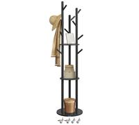 VASAGLE Freestanding Coat Rack Stand, Coat Tree with 11 Hooks, 3 Shelves, 4 Removable Wheels, for Hallway, Bedroom, Living Room, Ink Black RCR023B01