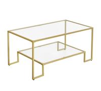 VASAGLE Glass Coffee Table with Storage for Living Room, Tempered Glass Surface, Steel Frame, 100 x 55 x 45 cm, Golden Color LGT033A01