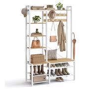 SONGMICS Hallway Coat Rack With Shoe Bench Golden Oak And Cloud White, Brown