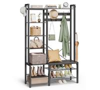 VASAGLE Hall Tree with Bench and Shoe Storage, Hallway Coat Rack with Shoe Bench and 5 Storage Shelves, 9 Coat Hooks and 6 Side Hooks, 140 x 120 x 190 cm, Stone Grey and Ink Black HSR426B04