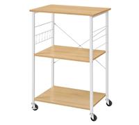 VASAGLE Kitchen Shelf on Wheels, Serving Trolley, 3 Shelves, 6 Hooks | Microwave Shelf for Mini Oven, Toaster, Modern basic, Golden Oak and Matte White, BARNET Collection KKS060Y09