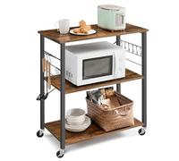 VASAGLE Kitchen Shelf on Wheels, Serving Trolley, 3 Shelves, 6 Hooks | Microwave Shelf for Mini Oven, Toaster, Modern basic, Rustic Brown and Matte Black, BARNET Collection KKS067K01