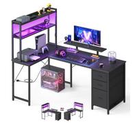 Vasagle L-Shaped Computer Desk With Led Lights, Power Outlets And 3 Drawers, Corner Gaming Desk, 160 X 100 X 150 Cm, Black