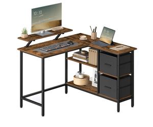 VASAGLE L-Shaped Desk with 2 Spacious Drawers, Gaming Desk with Monitor Stand, Corner Desk, Computer Desk with Adjustable Storage Shelf, for Home