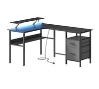 VASAGLE L-Shaped Desk with Power Outlets, Corner Desk, Computer with Monitor Shelf, Gaming with LED Lights, 2 Drawers, 2 USB Ports, Easy to Assemble, for Home Office, Ebony Black LWD095B02