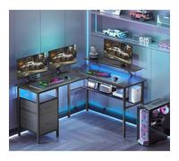 VASAGLE L-Shaped Gaming Desk Power Outlets LED Lights 2 Drawers USB Ports in Black VASAGLE Black