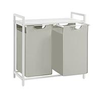 VASAGLE Laundry Basket, 2-Compartment Laundry Hamper, Pull-Out and Removable Liner Bags, Clothes Sorter, Shelf, Metal Frame, 2 x 46 L, 73 x 33 x 72 cm, Cream White and Matte White BLH201W01