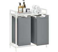 VASAGLE Laundry Basket, 2-Compartment Laundry Hamper, Pull-Out and Removable Liner Bags, Clothes Sorter, Shelf, Metal Frame, 2 x 46 L, 73 x 33 x 72 cm, Slate Grey and Matte White BLH201W11