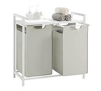 VASAGLE Laundry Basket, 2-Compartment Laundry Hamper, Pull-Out and Removable Liner Bags, Clothes Sorter, Shelf, Metal Frame, 2 x 46 L, 73 x 33 x 72 cm, Cream White and Matte White BLH201W01