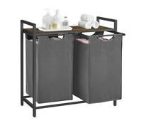 VASAGLE Laundry Basket, 2-Compartment Laundry Hamper, Pull-Out and Removable Liner Bags, Clothes Sorter, Shelf, Metal Frame, 2 x 46 L, 73 x 33 x 72 cm, Slate Grey and Rustic Brown BLH201G01
