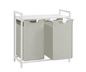 VASAGLE Laundry Basket, 2-Compartment Laundry Hamper, Pull-Out and Removable Liner Bags, Clothes Sorter, Shelf, Metal Frame, 2 x 46 L, 73 x 33 x 72 cm, Cream White and Matte White BLH201W01