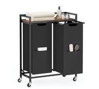 VASAGLE Laundry Basket, 29 Gal. (110 L) Laundry Hamper Sorter Cart with 2 Compartments， Storage Shelf, Wheels, Removable Bags, Pockets, Ink Black and Rustic Brown BLH021B01