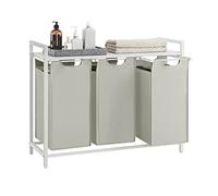 VASAGLE Laundry Basket, 3-Compartment Laundry Hamper, Pull-Out and Removable Liner Bags, Clothes Sorter, Metal Frame, 3 x 40 L, 92.5 x 33 x 72 cm, Cream White and Matte White BLH301W01