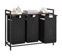 VASAGLE Laundry Basket, 3-Compartment Laundry Hamper, Pull-Out and Removable Liner Bags, Clothes Sorter, Shelf, Metal Frame, 3 x 40 L, 92.5 x 33 x 72 cm, Ink Black and Rustic Brown BLH301B01